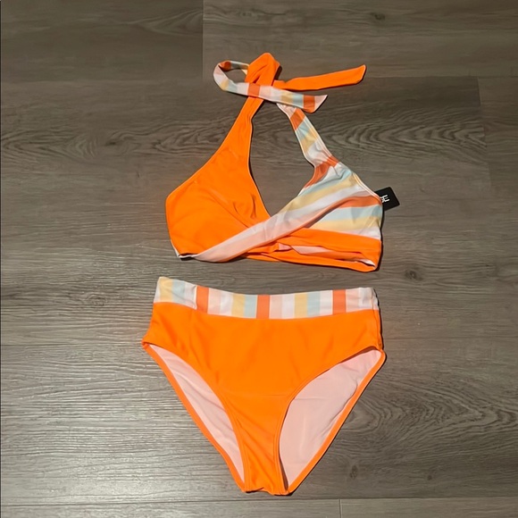 Aimage Other - Orange and White halter Bikini with multi coloe Stripes